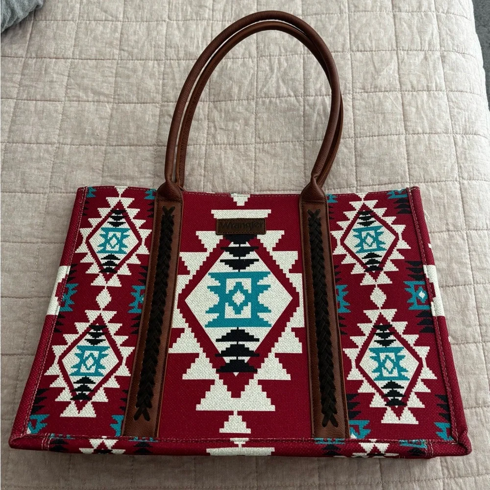 Wrangler Red Aztec Tote with Turquoise and Brown Accents - Picture 2 of 4